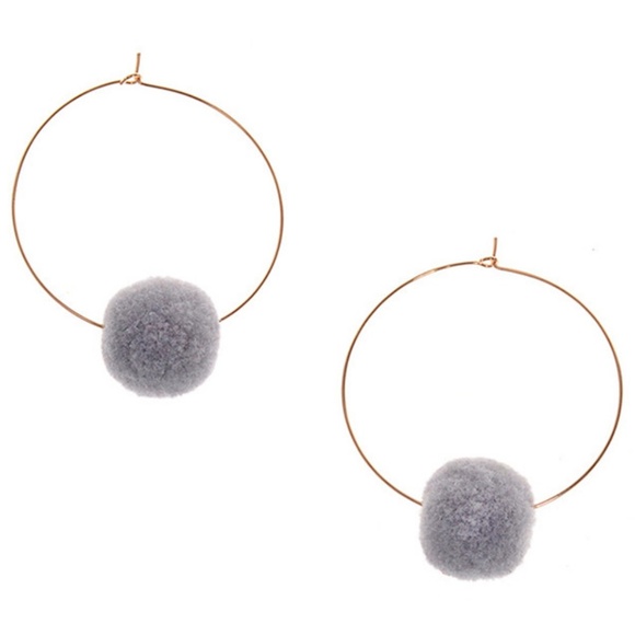 Fuzzy Ball Round Hoop Earrings - Gray - Picture 2 of 5
